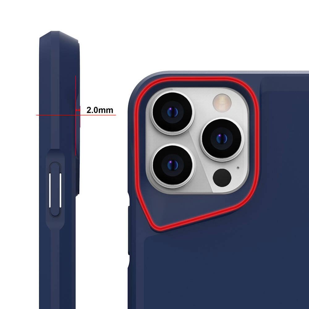 Lacivert telefon kılıfının yakın çekimi. 2,0 mm kalınlık belirtilir. Kamera alanında üç lens ve kırmızı bir kontur var.