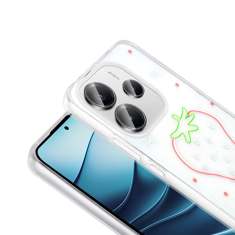 Mavi ekranlı bir telefonun üzerinde çilek desenli şeffaf bir telefon kılıfı. Kılıfın kamera çıkıntısı var.