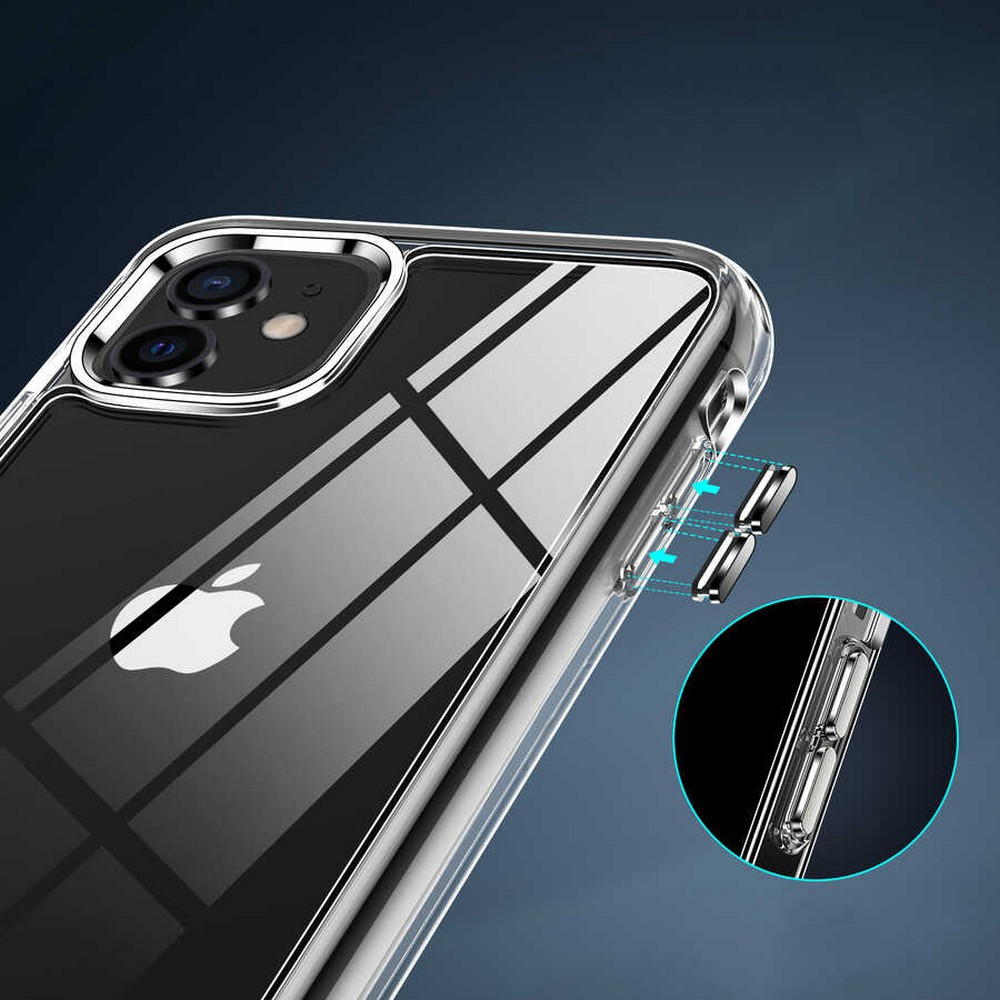 Bir telefonun yakın çekim görüntüsüyle şeffaf bir telefon kılıfı. Apple logosu görünür. Kılıf şeffaf. Arka plan mavi.