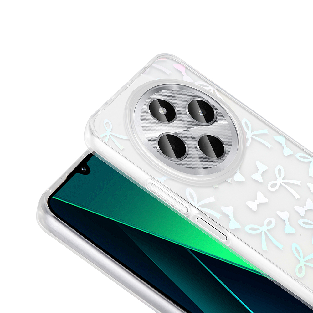 Yay desenli şeffaf telefon kılıfı. Telefon görünüyor. Kılıfın kamera kesimi, düğmeleri ve ekranı var.