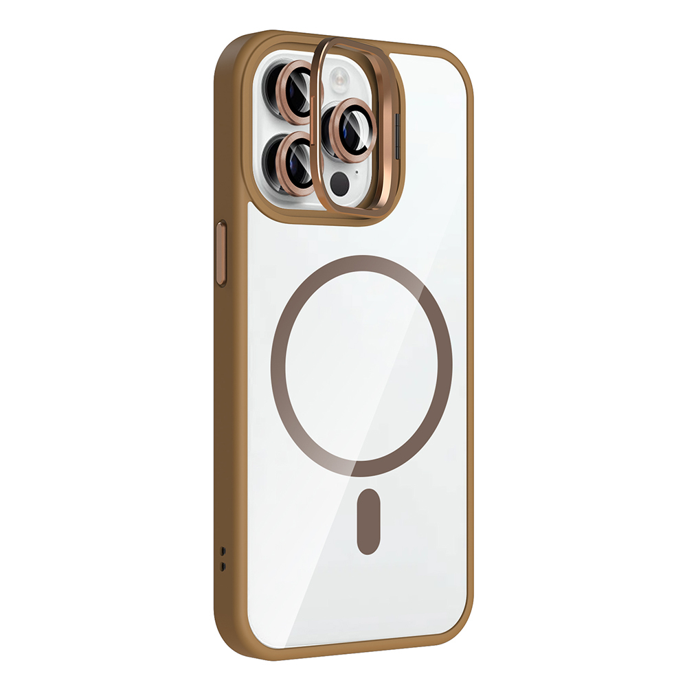 Kahverengi çerçeveli ve şeffaf arkalıklı bir iPhone kılıfı. Kahverengi bir daire ve küçük bir dikdörtgen görünür. Kamera merceği de görünür.