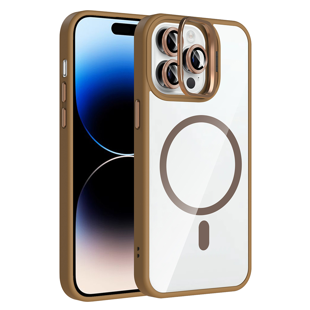 Kahverengi kılıf içinde bir iPhone, şeffaf arka kısım, kahverengi manyetik halka ve kamera koruyucu ile. Ekran görünür.