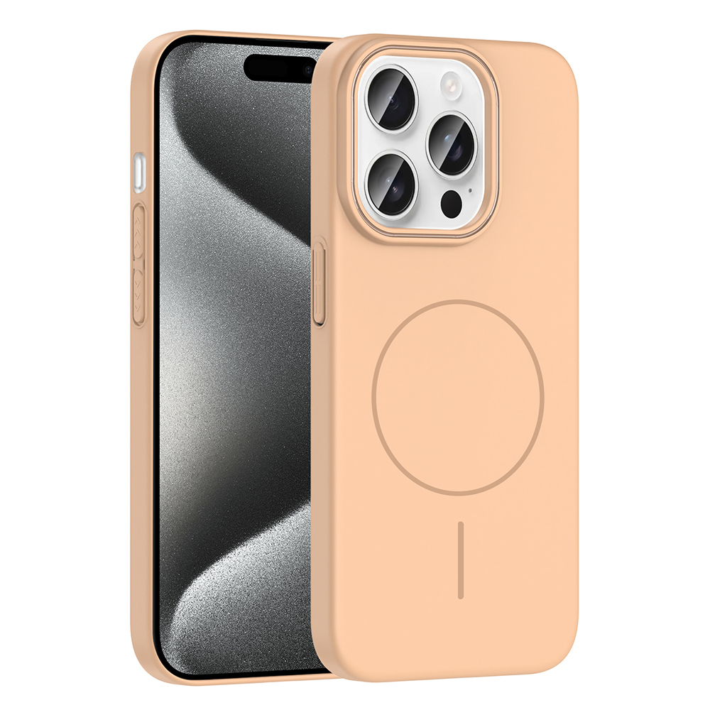 Şeftali rengi bir kılıfı olan bir iPhone. Kılıfın arkasında dairesel bir tasarım var ve telefonun kamerasını koruyor.
