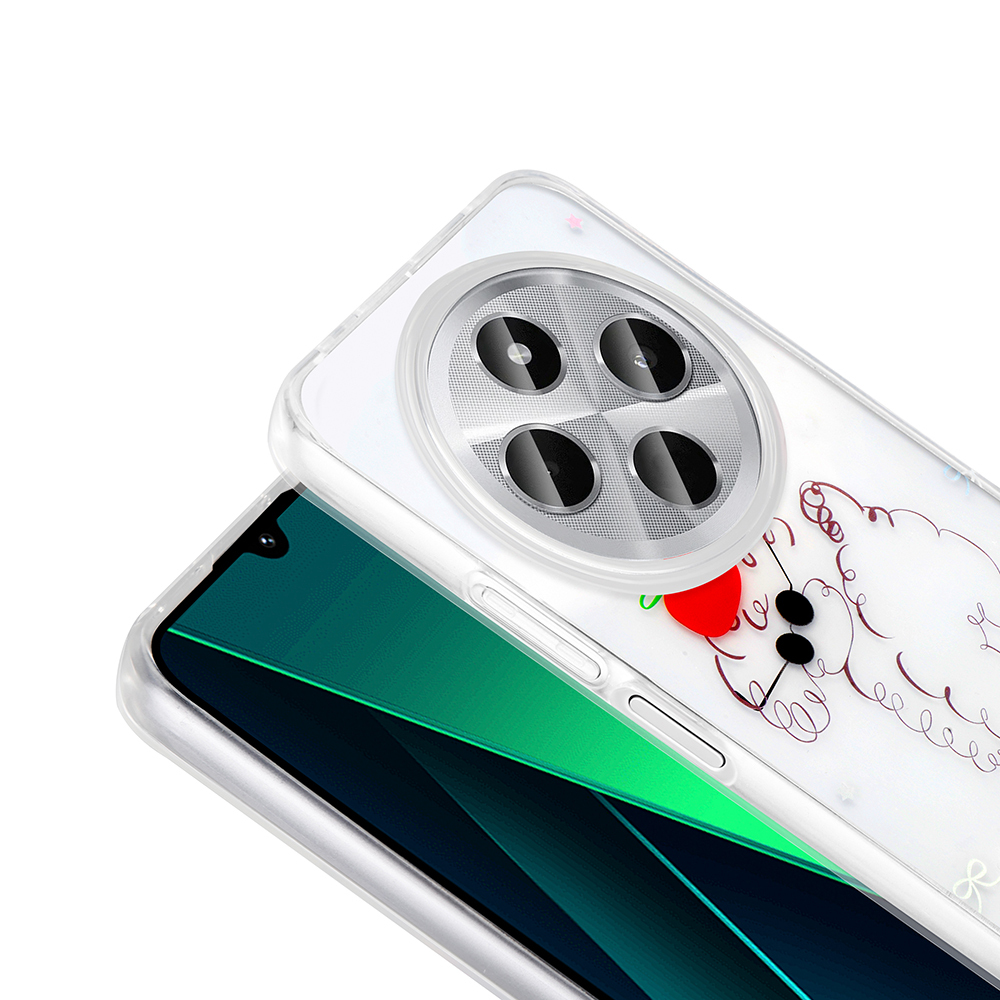 Kamera lensi ve koyun desenli şeffaf telefon kılıfı. Telefon yeşil ve siyah renktedir. Kılıfta kırmızı bir kalp ve siyah noktalar var.