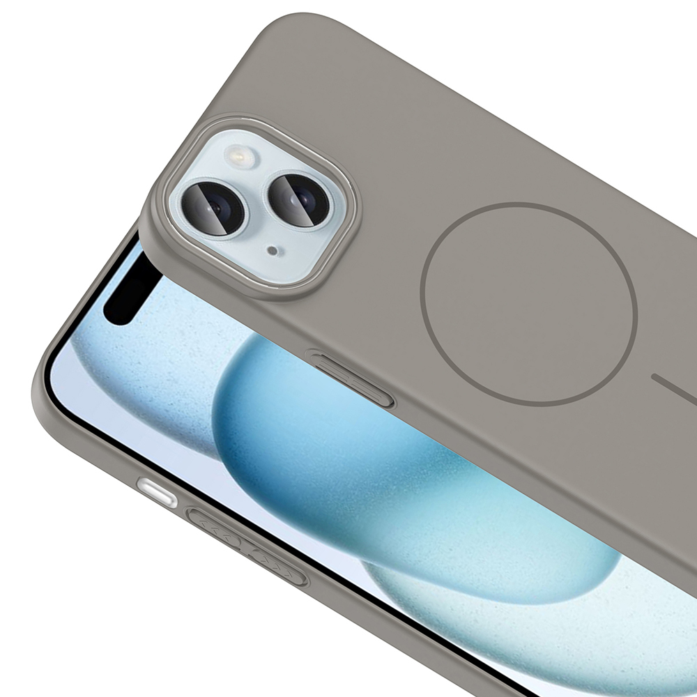İçinde bir telefon bulunan gri bir telefon kılıfı. Kılıfın arkasında dairesel bir tasarım var. Telefonun kamerası görünür.