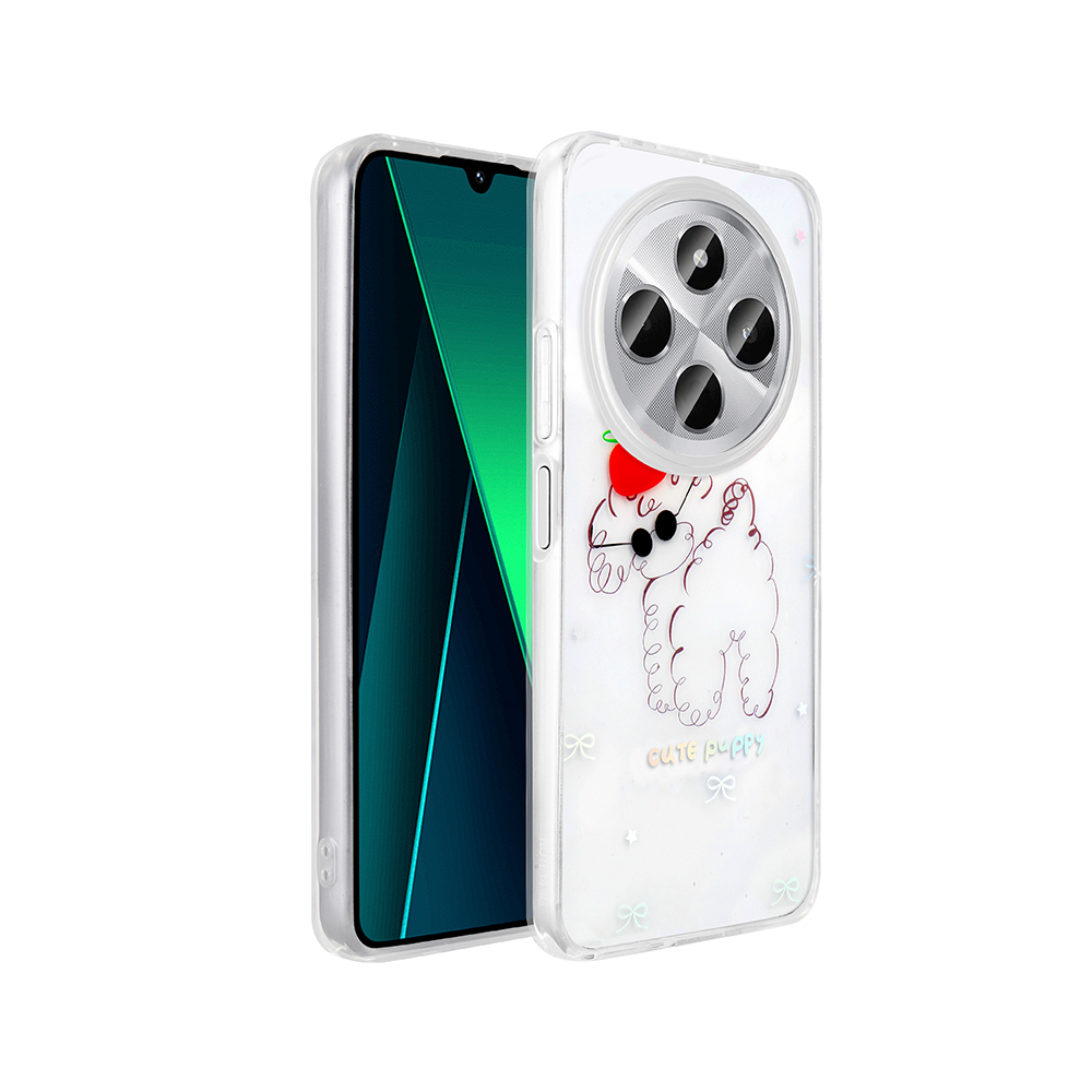 Şeffaf kılıflı bir akıllı telefon. Kılıfta kırmızı çilek şapkalı bir çizgi film köpeği ve 'cute puppy' yazısı yer alıyor.