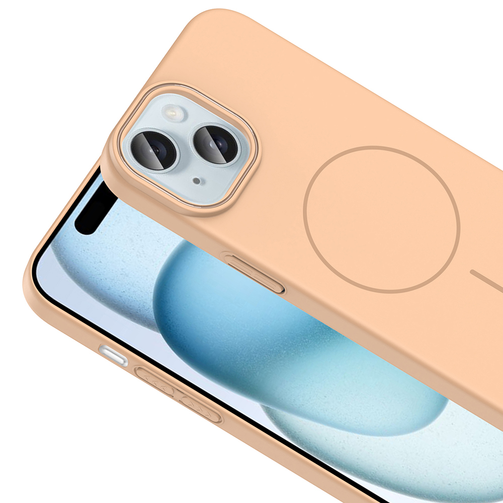 Bir telefonun üzerinde şeftali rengi bir iPhone kılıfının yakın çekimi. Kılıfın daire ve çizgi tasarımı var. Ekran mavi bir arka plan gösteriyor.