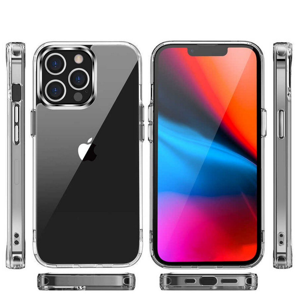 İçinde bir telefon bulunan şeffaf telefon kılıfı. Telefonun renkli bir ekranı var. Kılıf, yan düğmelerle şeffaftır.
