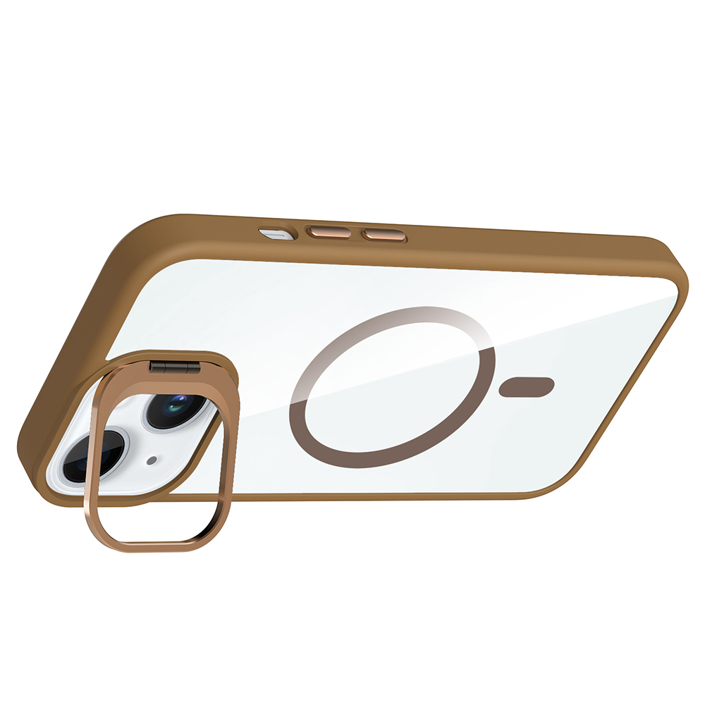 Şeffaf arka yüzeye sahip kahverengi bir telefon kılıfı. Kamera koruyucusu ve tutma halkası vardır. Kılıf beyaz bir arka plan üzerindedir.