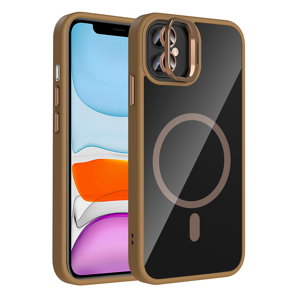 İçindeki telefonu gösteren, şeffaf arka yüzlü kahverengi bir iPhone kılıfı. Kılıfın altın renkli bir kamera halkası ve manyetik bir dairesi var.