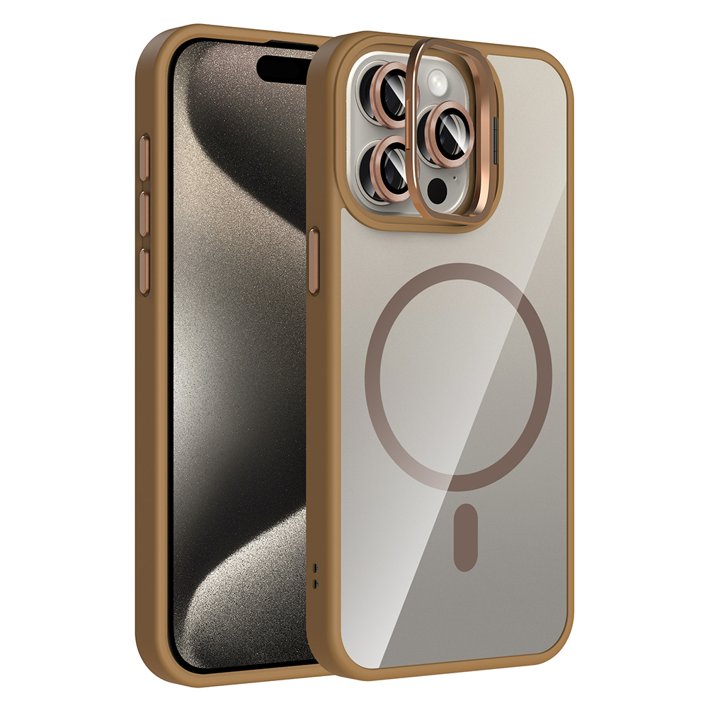 iPhone kılıfı. Kahverengi ve şeffaf kılıf, kamera lens koruyucusuyla. Kılıfın arkasında manyetik bir daire var.