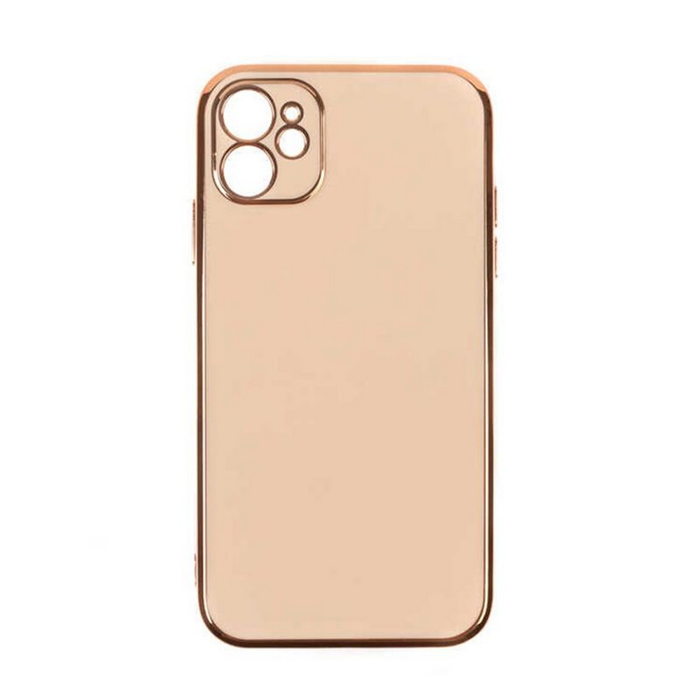 Kamera kesiklerine sahip pembe altın bir telefon kılıfı. Kılıf parlak ve pürüzsüz, metalik kaplamalı ve yuvarlak köşeli.