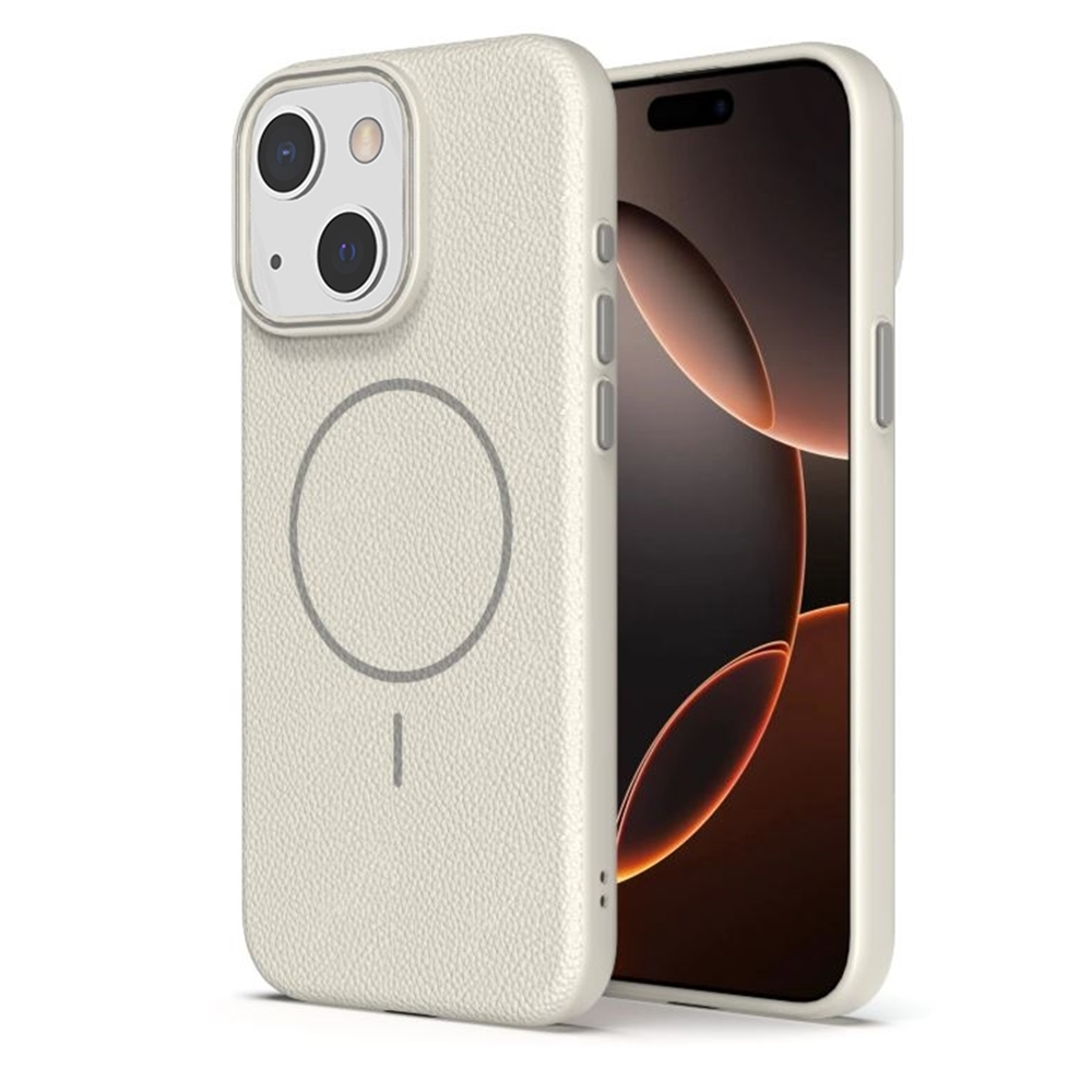 İçinde bir telefon bulunan, beyazımsı bir telefon kılıfı. Kılıfta manyetik bir daire ve kamera delikleri var. Ekran görünür durumda.