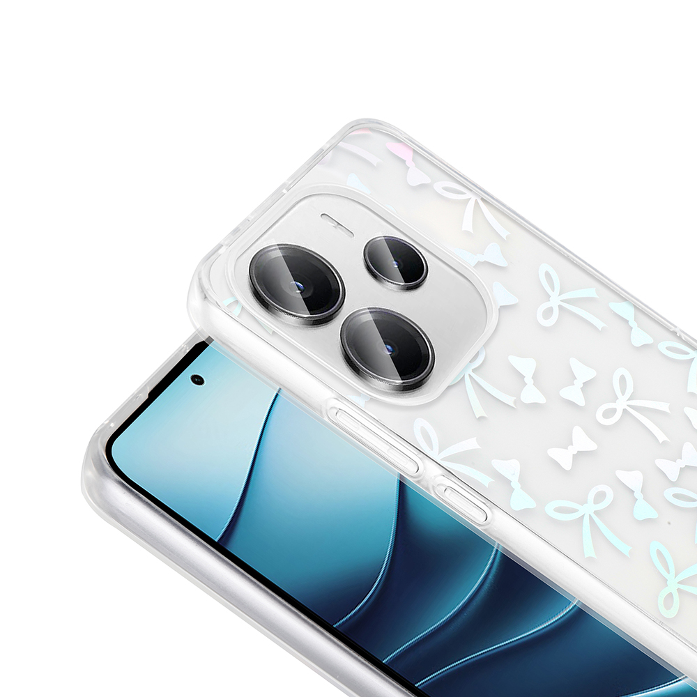 Mavi ekranlı bir telefonu kaplayan, yay desenli şeffaf telefon kılıfı. Kameralar görünür. Kılıf hafif açılı.