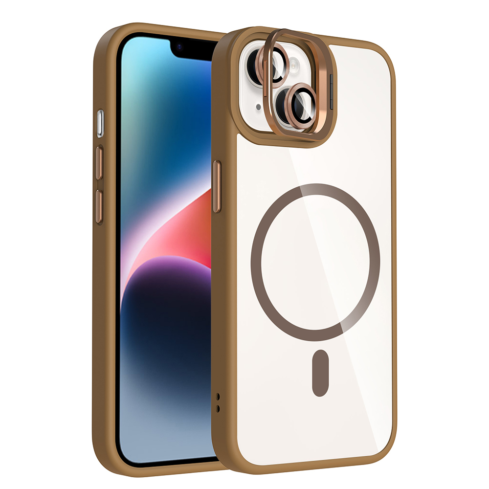 Kahverengi kılıflı iki iPhone. Birinin arkası şeffaf, kahverengi daire ve eksi işareti var. Diğer telefonun mavi ve kırmızı ekranı var.