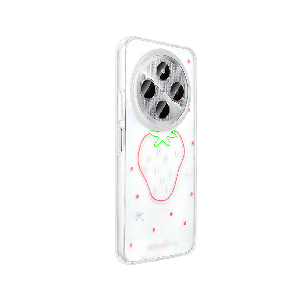Çilek desenli şeffaf bir telefon kılıfı. Çileğin kırmızı konturu ve yeşil sapı var. Kırmızı noktalar ve yaylar kılıfı süslüyor.