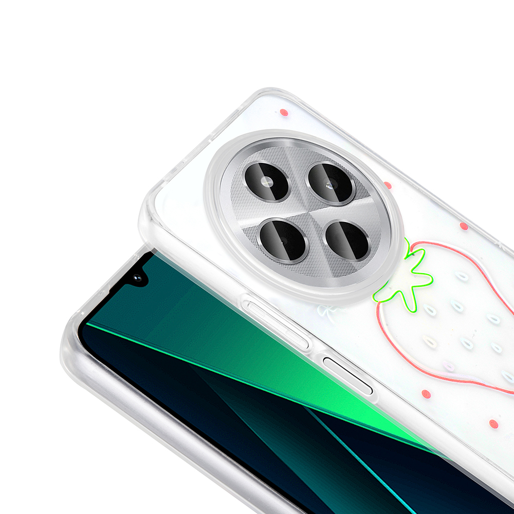 Çilek tasarımlı şeffaf bir telefon kılıfı. Telefon yeşil bir ekran gösteriyor. Kılıfta kamera lensleri var.