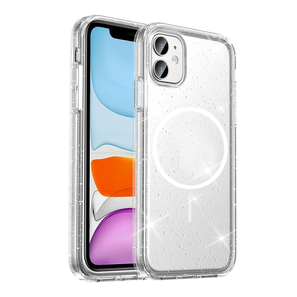 Simli şeffaf telefon kılıfı, bir iPhone gösteriyor. Ekran mavi, turuncu ve mor renkleri gösteriyor. Kılıfta beyaz bir daire var.