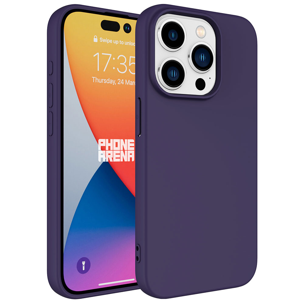 Mor bir kılıf içinde bir iPhone. Ekran, zamanı ve bir duvar kağıdını gösteriyor. Kılıf pürüzsüz.