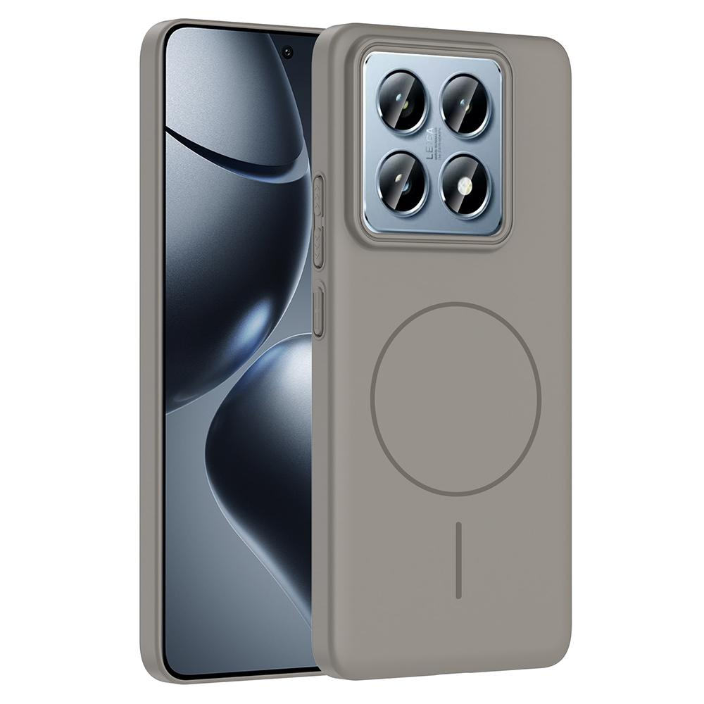 İçinde telefon olan gri bir telefon kılıfı. Kılıfın kamera boşluğu ve arkasında dairesel bir tasarımı var.