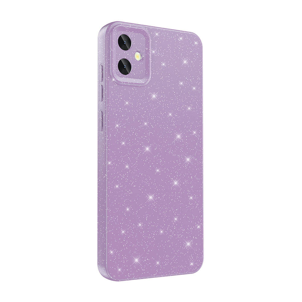 Glitter yıldız desenli, lavanta rengi bir telefon kılıfı. Kamera kesikleri ve yan düğmeleri var. Beyaz zemin.
