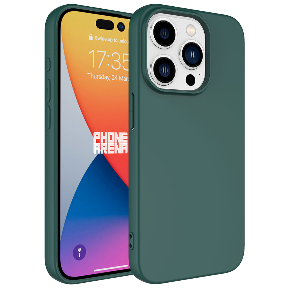 Orman yeşili bir kılıf içinde bir iPhone. Ekran, 17:35 saatini ve renkli bir duvar kağıdını gösteriyor. Kılıf telefonu kaplıyor.