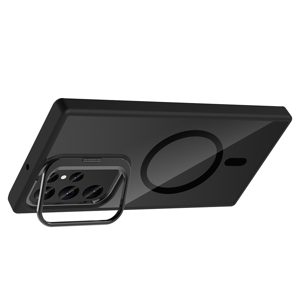Siyah telefon kılıfı, kamera boşluğu ve halka tutucuya sahip. Arka tarafta dairesel bir manyetik element görülüyor.