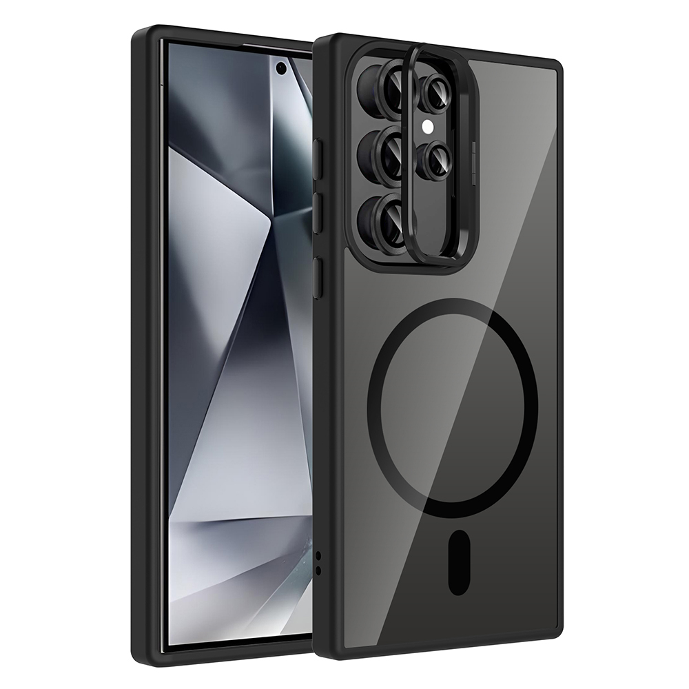 Şeffaf arka yüzlü siyah telefon kılıfı. Kamera lens koruyucu ve dairesel manyetik bağlantı tasarımı. Telefon ekranı görünür.