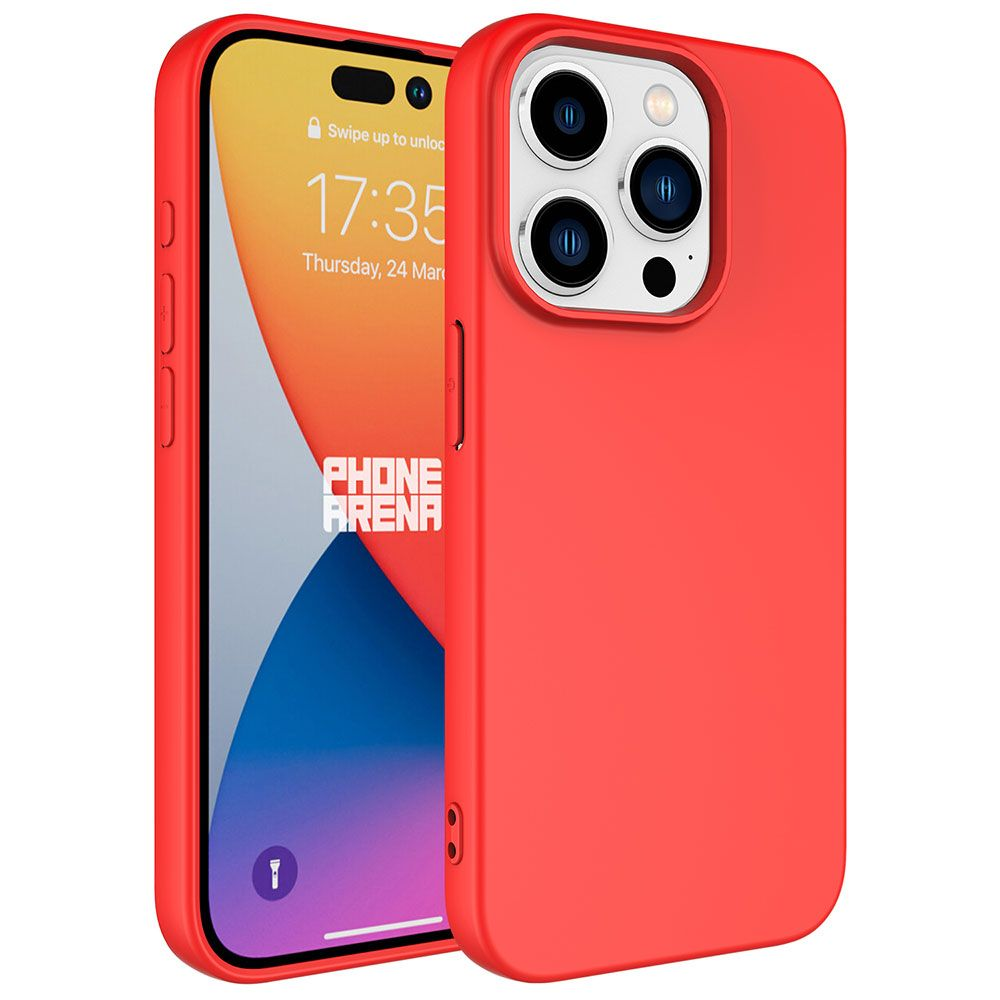 İçinde bir telefon bulunan kırmızı bir telefon kılıfı. Telefon saat, tarih ve bir logo gösteriyor. Kılıf telefonu kaplıyor.
