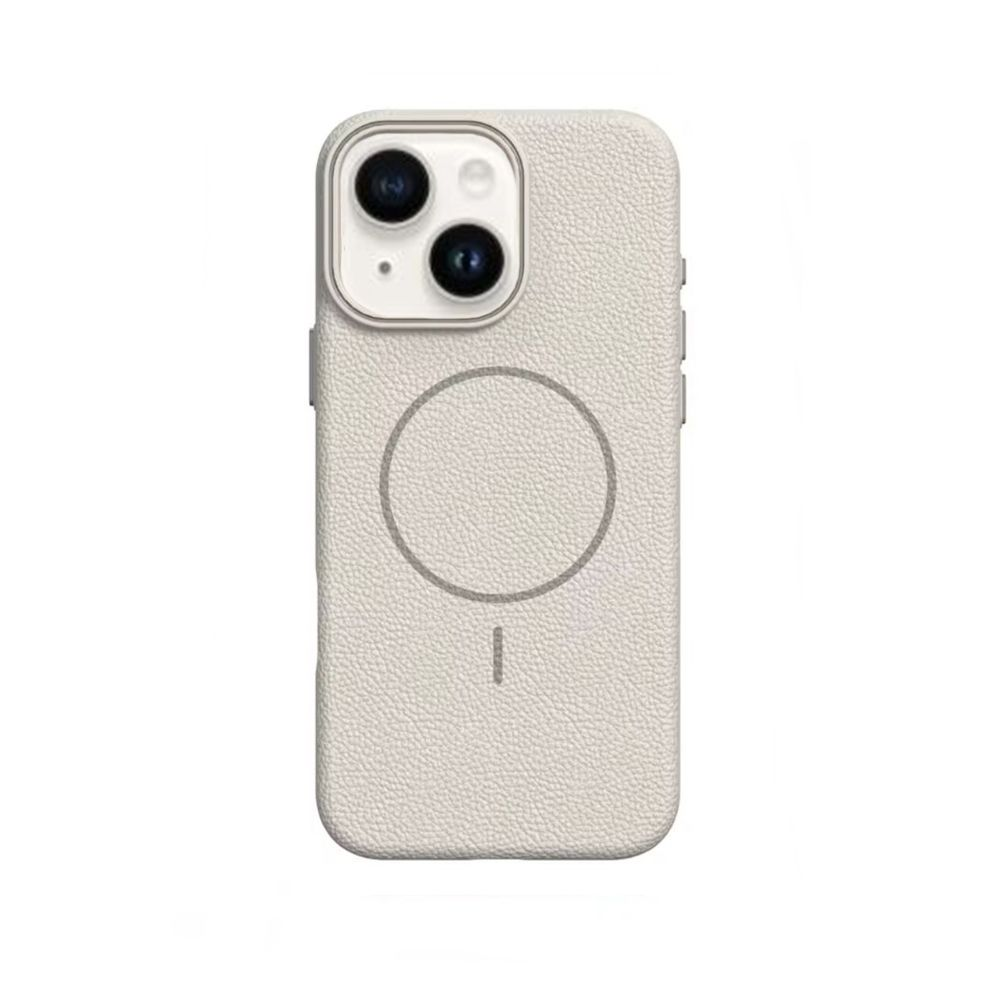 Açık bej bir iPhone kılıfı. Dokulu bir yüzeye, çift kamera lensine ve arkada dairesel bir tasarıma sahiptir.
