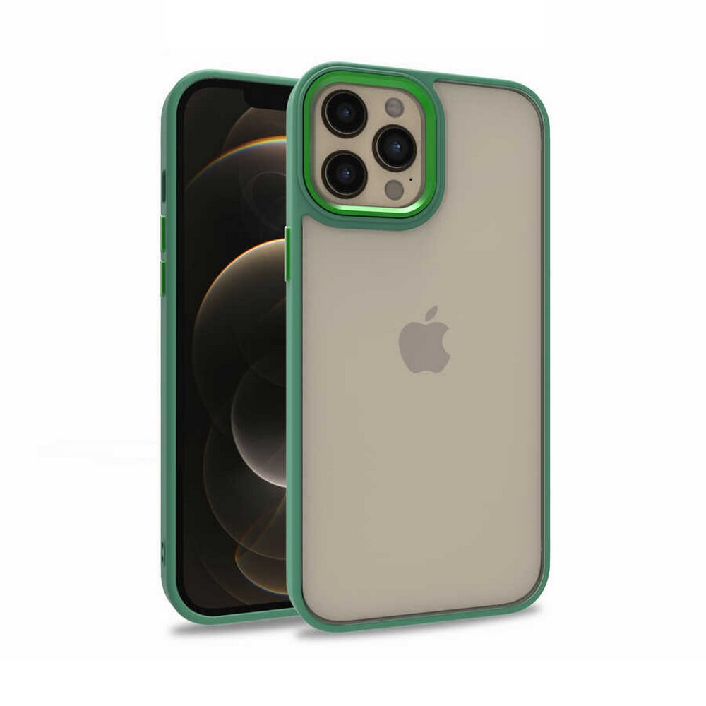 Yeşil çerçeveli bir kılıf içinde bir iPhone. Telefon odaklanmış, Apple logosunu gösteriyor. Arka plan beyaz.