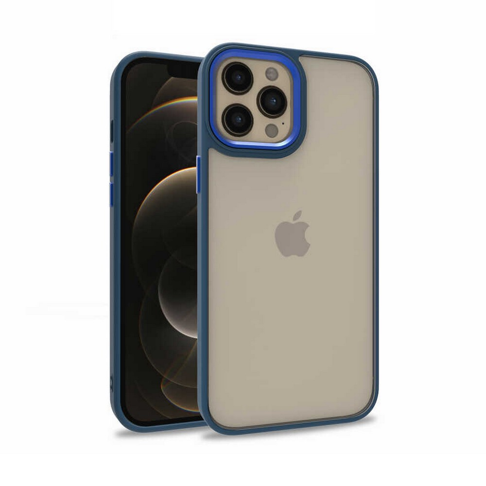 Kılıflı iki iPhone. Biri siyah, diğeri mavi çerçeveli krem rengi. Apple logosu görünür.