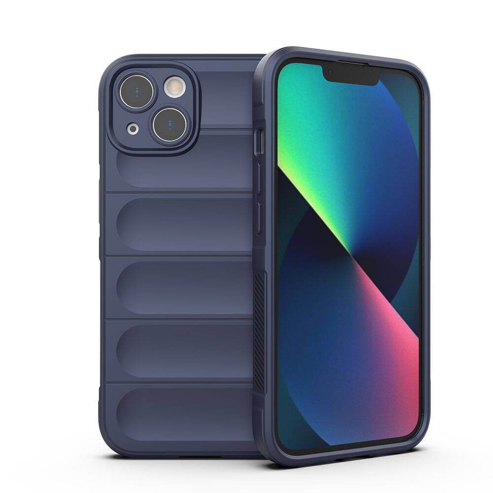 Lacivert bir iPhone 13, koruyucu kılıf ile. Kılıf solda, telefon sağda. Ekran renkli bir görüntü gösteriyor.