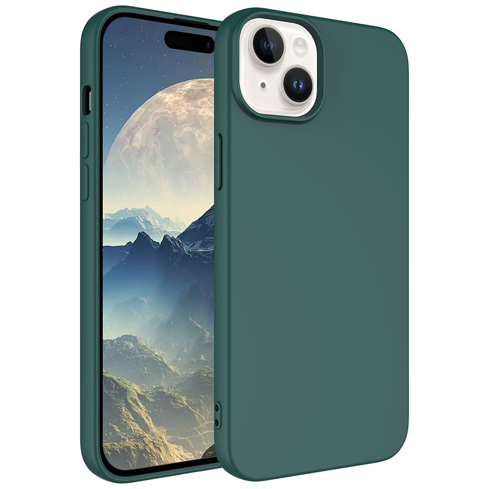 Yeşil telefon kılıfı ve telefon. Telefon, dağlar ve dolunay manzarası gösteriyor. Kılıf düz yeşildir.