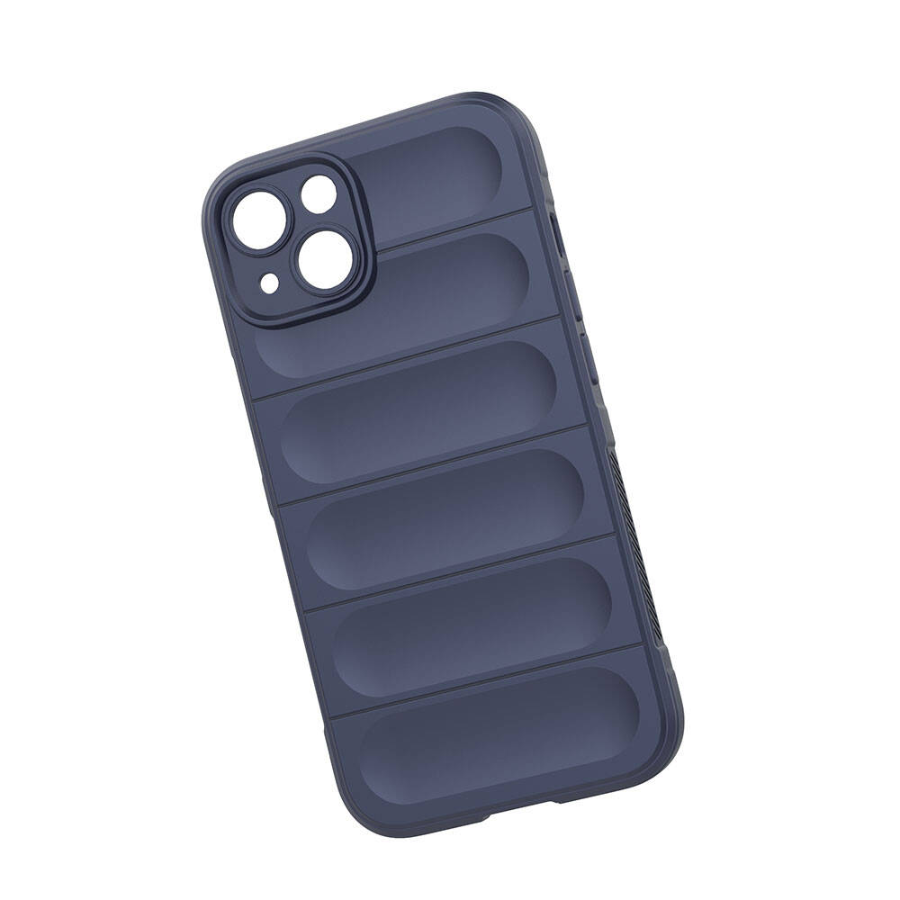 Dokulu tasarıma sahip koyu mavi bir telefon kılıfı. Kamera kesimi ve bir dizi yatay sırtı var.
