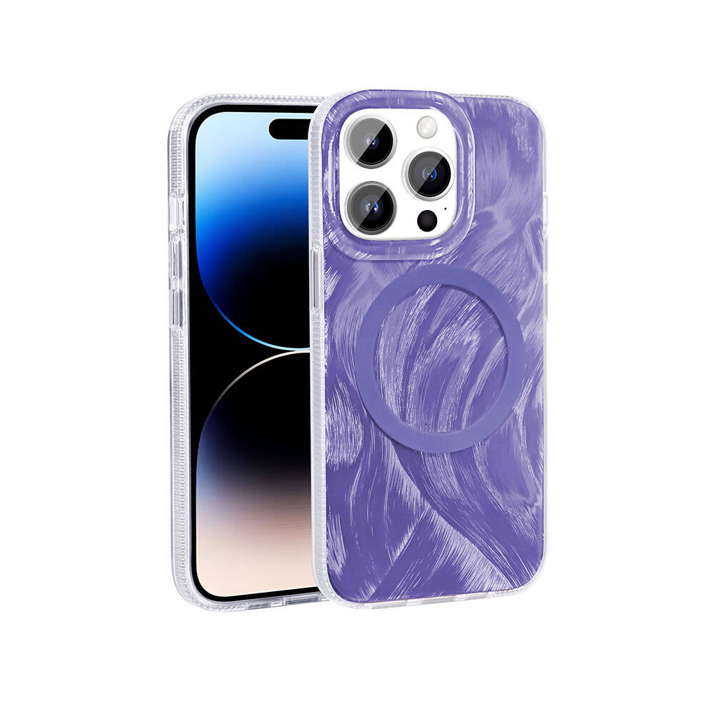 Fırça darbesi tasarımlı mor bir kılıf içinde bir iPhone. Telefonun şeffaf bir kılıfı var ve mor kılıfın yanında duruyor.