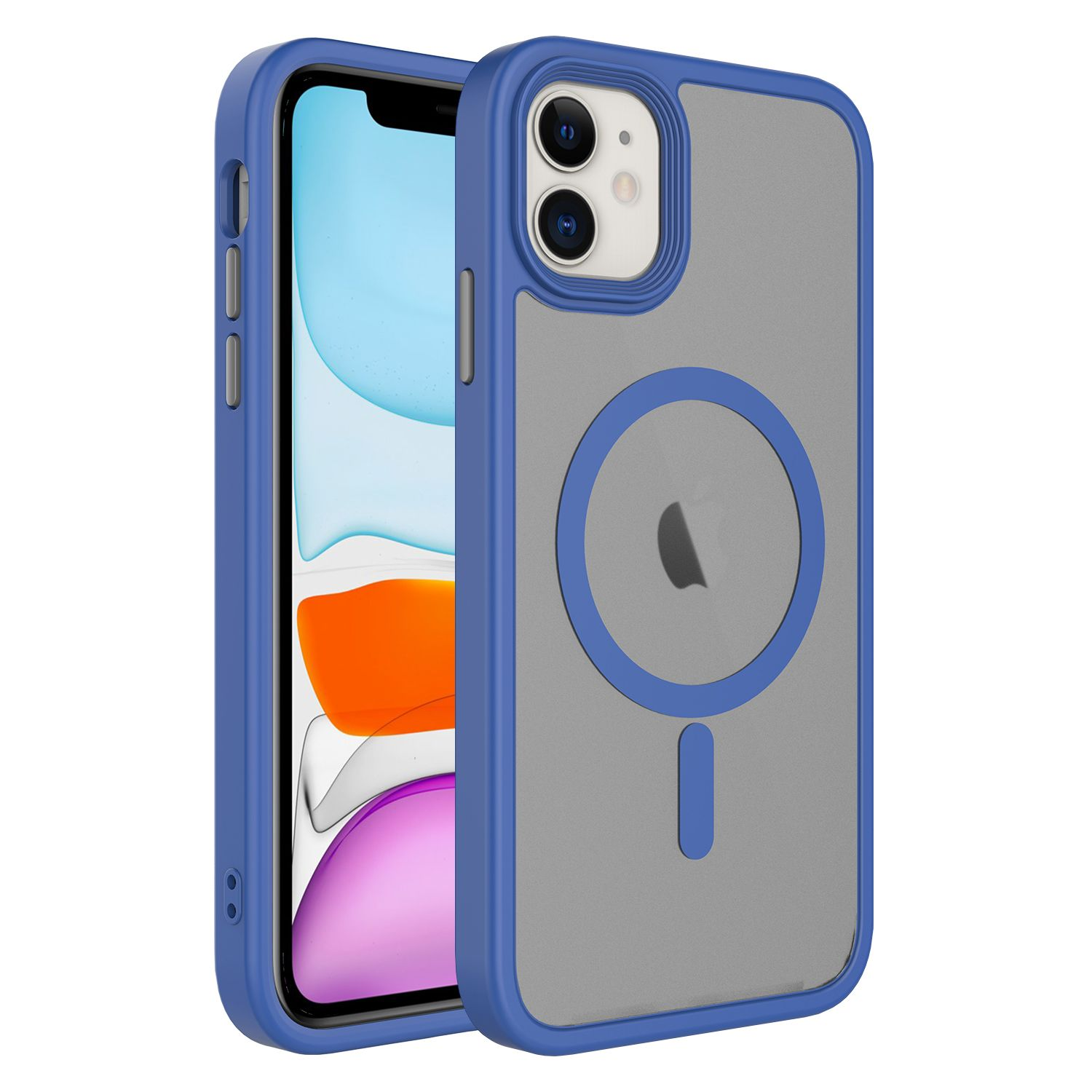 Mavi ve gri iPhone kılıfı. Kılıf bir telefonun üzerinde. Arka plan beyaz.