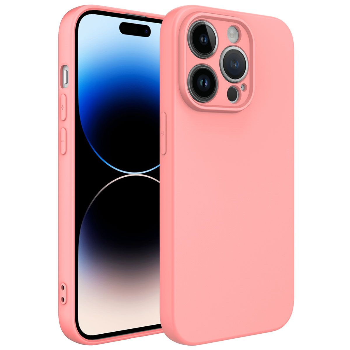 Pembe bir telefon kılıfı, bir akıllı telefonun yanında. Ekran, mavi geçişli siyah, kılıfın kamera boşlukları var.