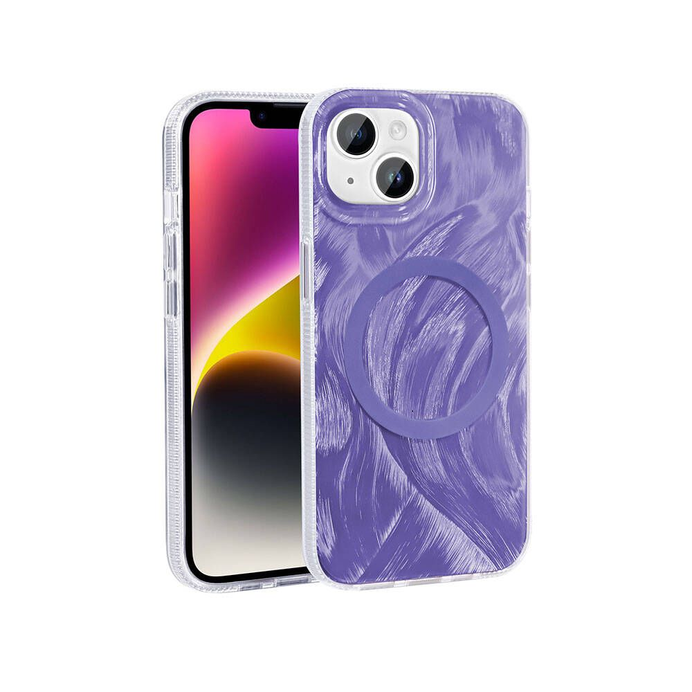 Mor girdap desenli bir kılıf ve şeffaf bir tampon kılıfı olan bir iPhone 14 Pro, telefonun ekranını gösteriyor.