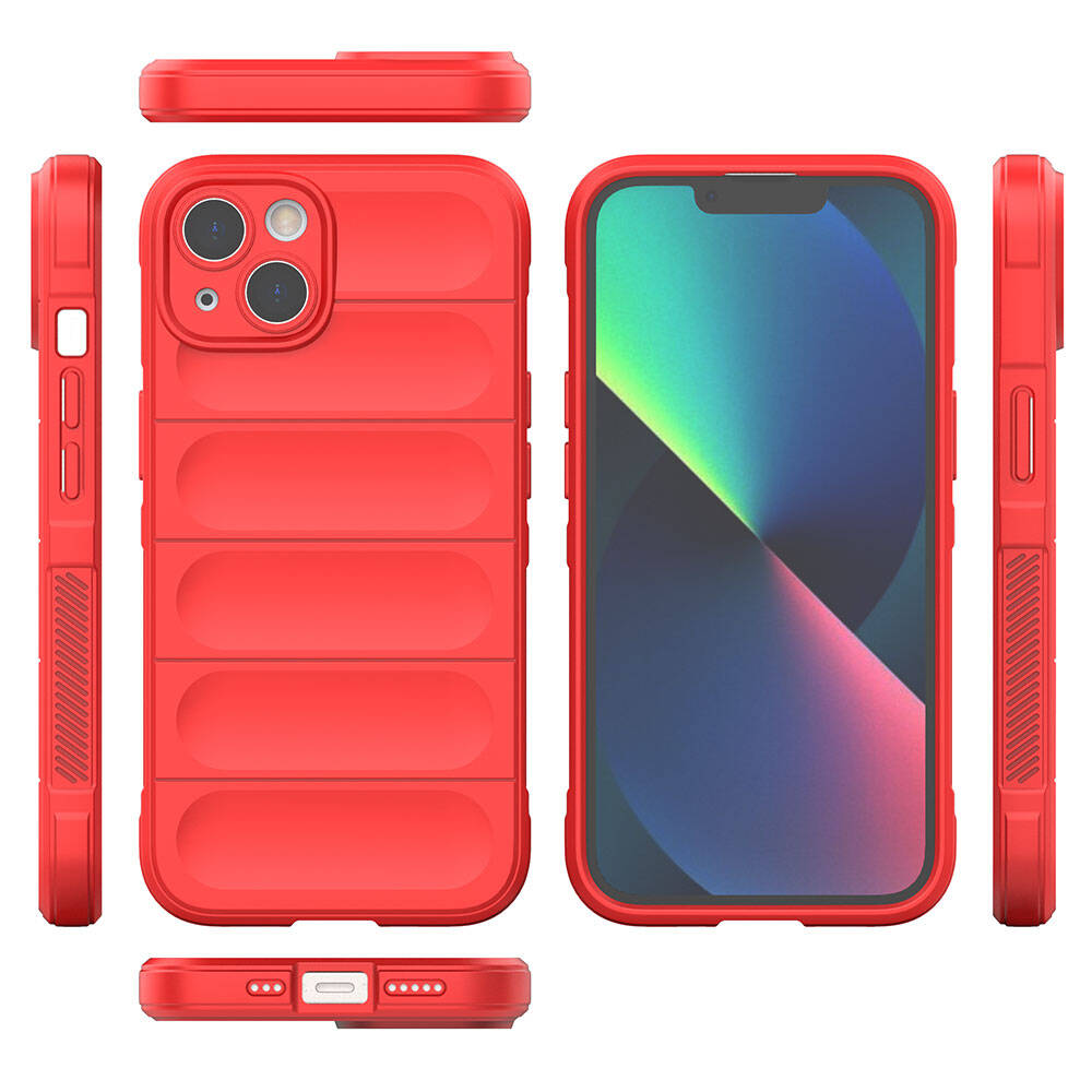Kırmızı telefon kılıfı, koruyucu tasarıma sahip, çeşitli açılardan gösteriliyor. Renkli soyut bir görüntüye sahip telefon ekranını içerir.