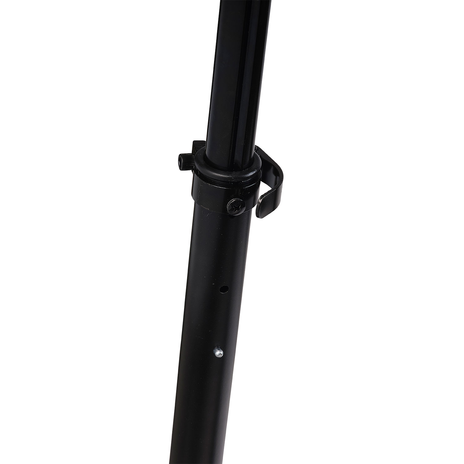 Close-up of a black metal stand. A circular joint with a screw and a curved metal piece is visible. The background is white.