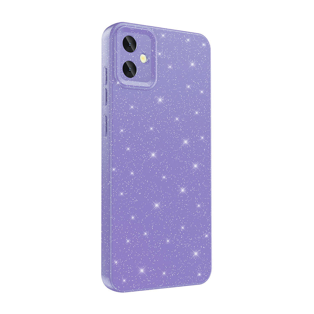 Parıltılı yıldız desenli mor bir telefon kılıfı. Kamera oyuğu ve yan düğmeleri var.