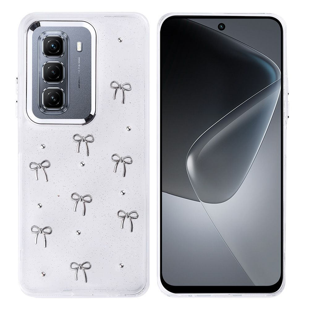 Şeffaf kılıflı bir telefon. Kılıfın üzerinde gümüş renkli fiyonklar ve parıltılar var. Telefon ekranı siyah.