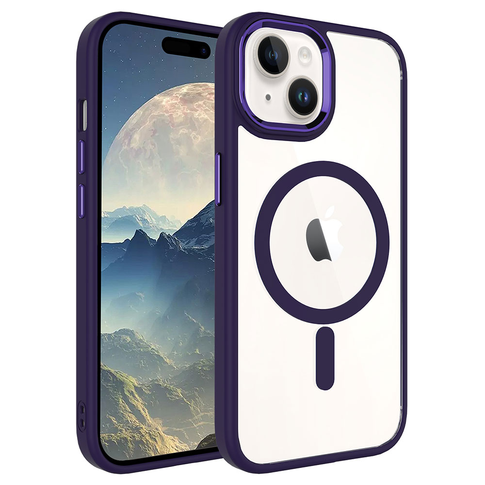 İki mor kenarlı telefon kılıfı, biri manzara ekranlı, diğeri beyaz arka planlı ve Apple logolu.