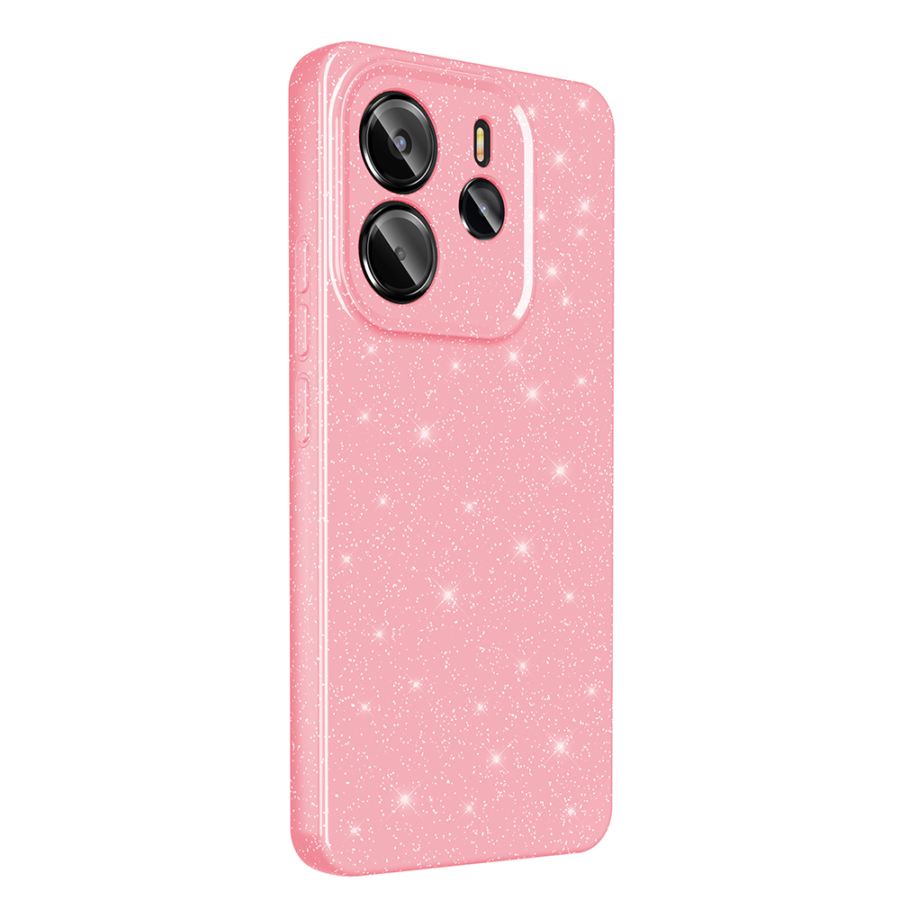 Pembe, ışıltılı bir telefon kılıfı. Üç kamera deliği ve bir yan düğmesi var. Kılıf, parlak efektli düz renktedir.