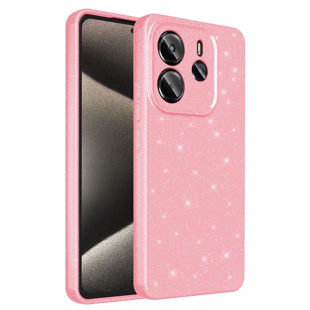 Simli ve kamera kesikleri olan pembe telefon kılıfı. Kılıfın içinde siyah ekran gösteren bir telefon var.