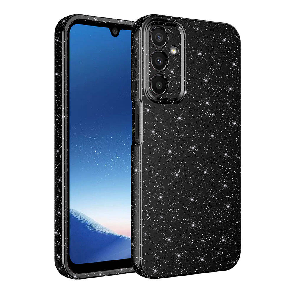 Parıldayan bir kılıf içinde siyah bir akıllı telefon. Telefon ekranı mavi. Kılıfta kamera lensleri ve siyah bir çerçeve var.