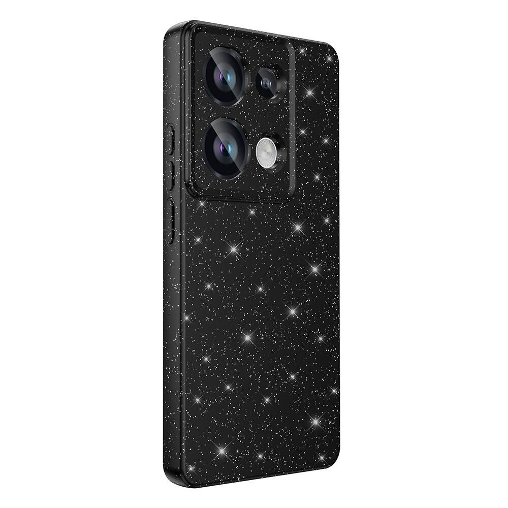 Yıldız desenli siyah bir telefon kılıfı. Kamera lensleri ve flaşı var. Kılıf parlak ve yeni görünüyor.