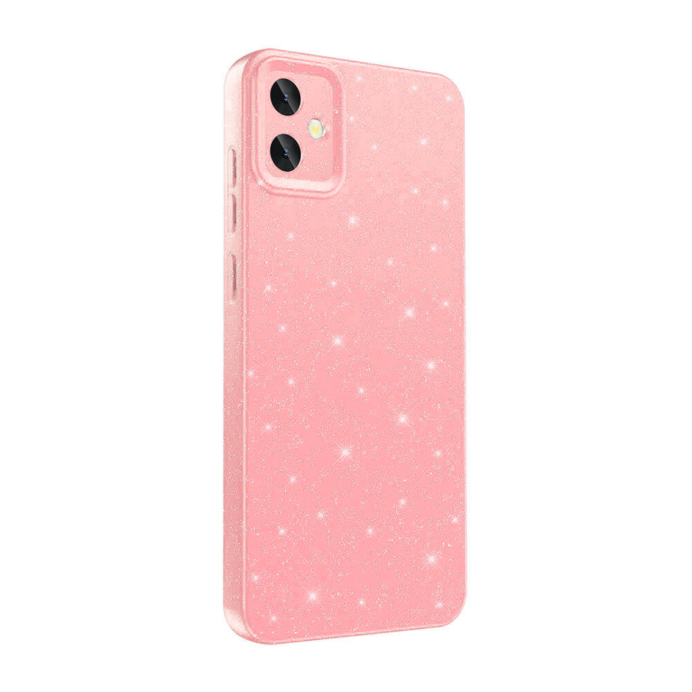 Glitter efektli pembe bir telefon kılıfı. Kamera kesikleri ve yanlarda düğmeleri var. Parlak, düz renkli bir tasarım.