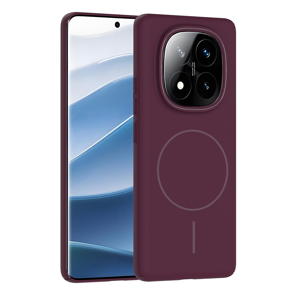 Burgundy kılıf içinde bir akıllı telefon. Kılıfın arkasında dairesel bir tasarım var. Ekran mavi bir görüntü gösteriyor.